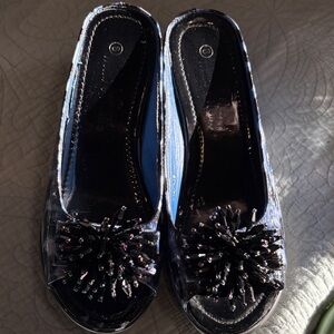 Chic Black Women's Heels with Pom-Pom Detail blue croc